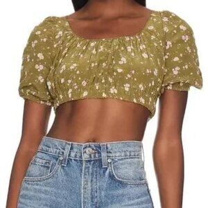 Revolve Crop Top Anna Nata Natalie XXS Olive Wildflower Floral Puff Sleeve